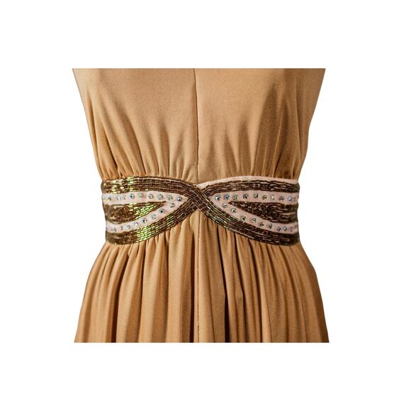 VTG 70s Lee Jordan Halter Maxi Dress Tan Rhinestone Evening Gown, Glam Disco M L - Picture 4 of 16